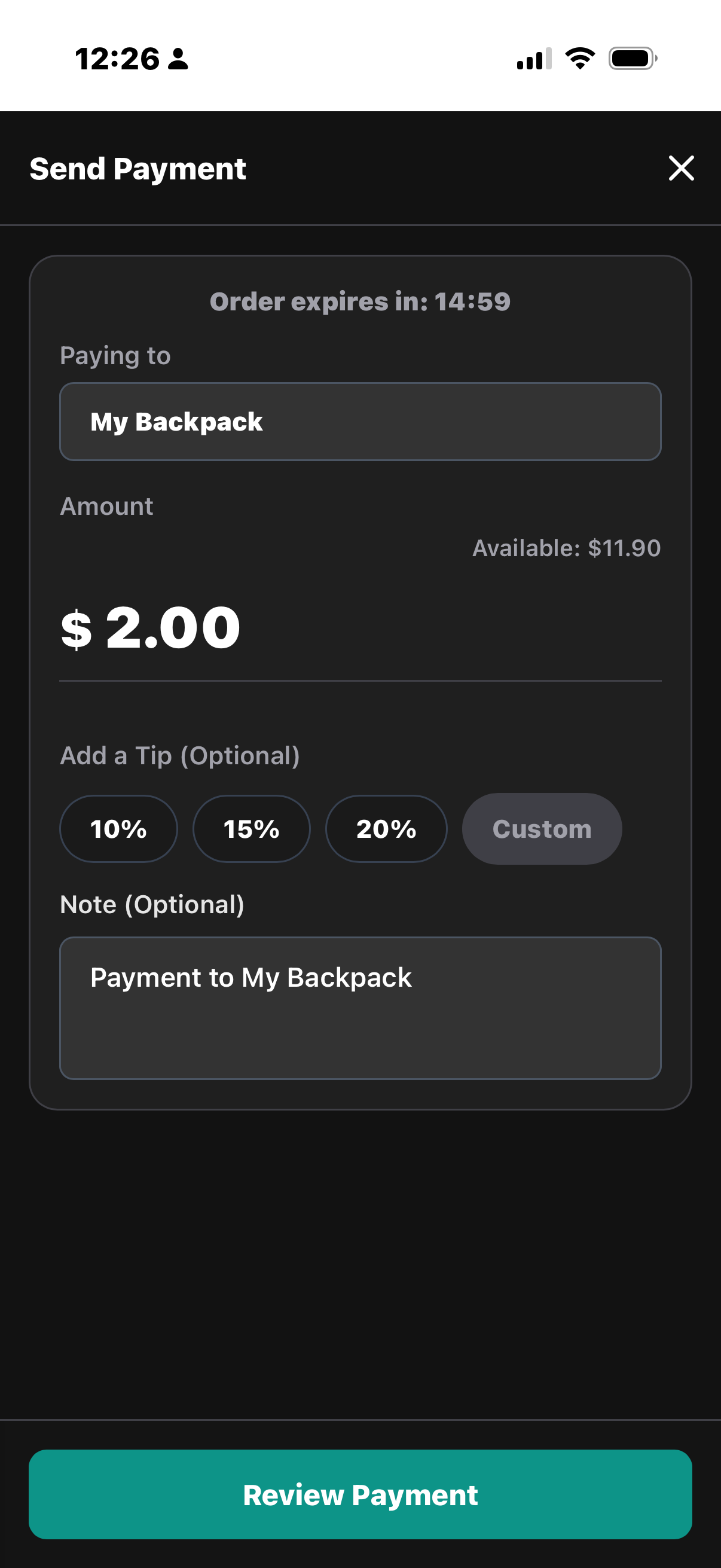 Send Payment sheet with merchant, amount, optional tip