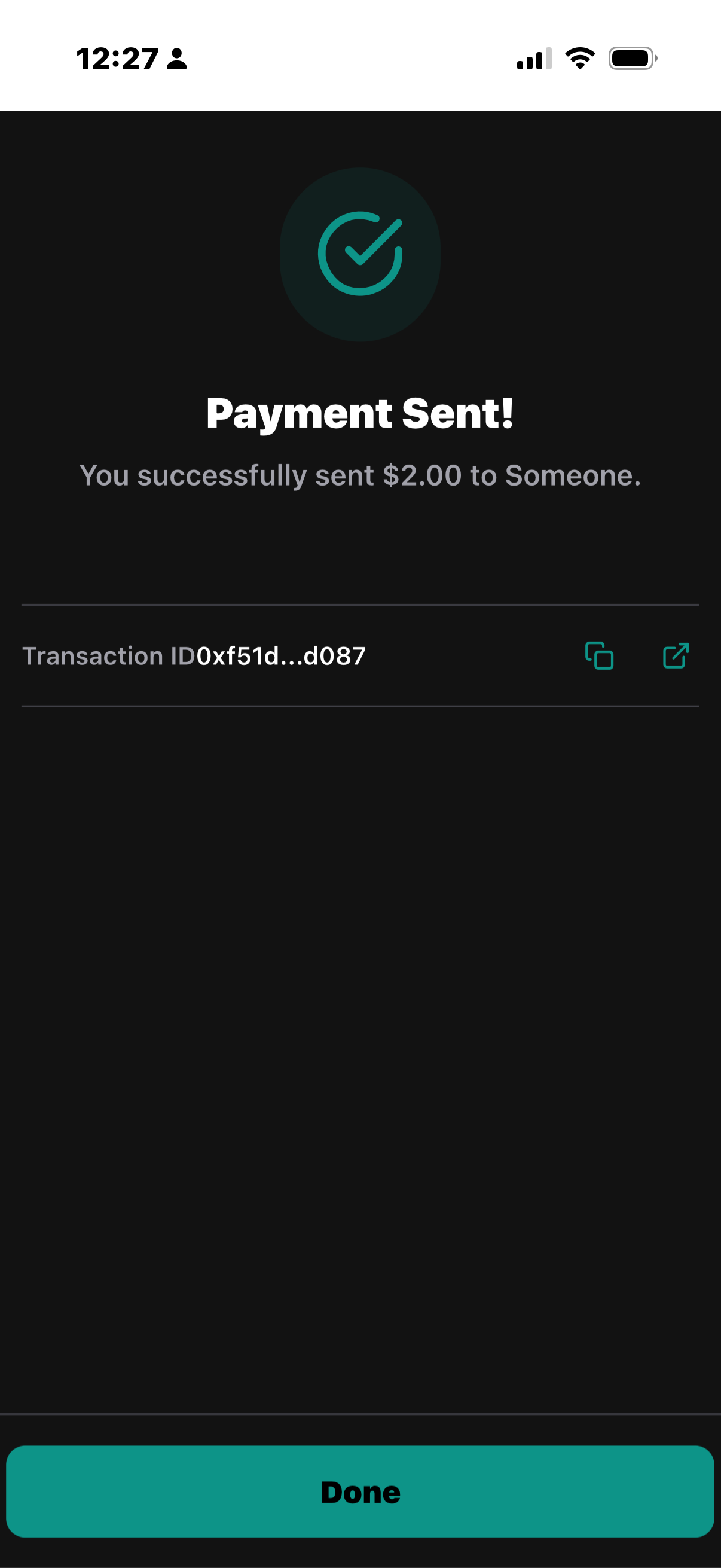 Payment sent success screen