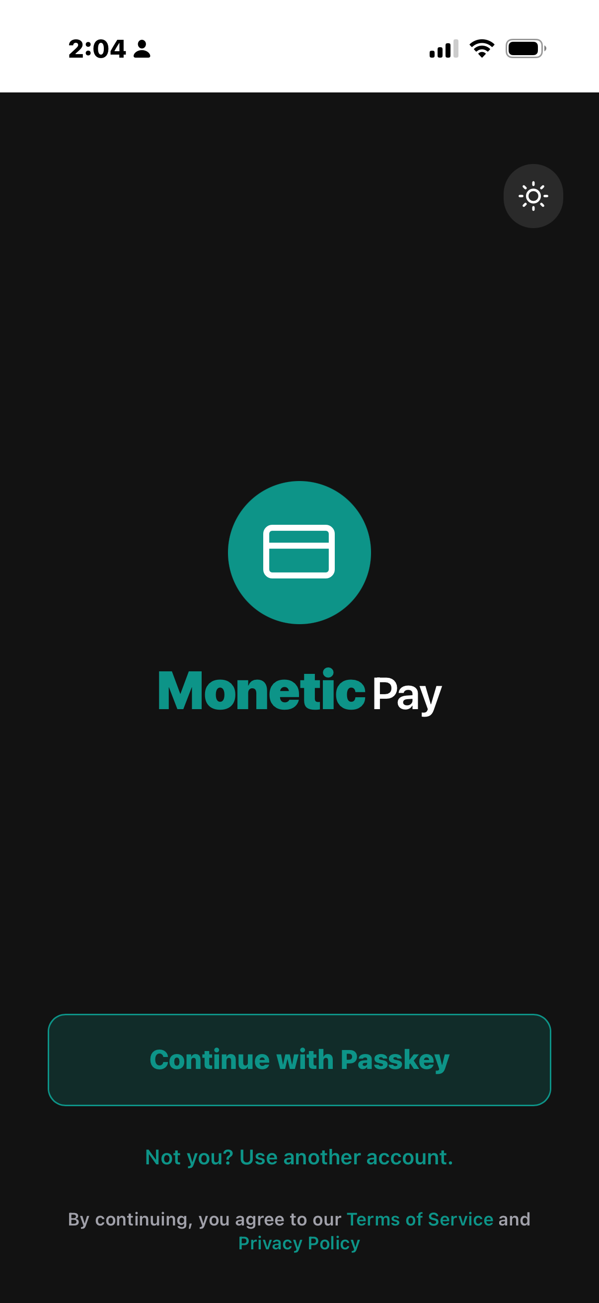 Monetic Pay passkey login screen