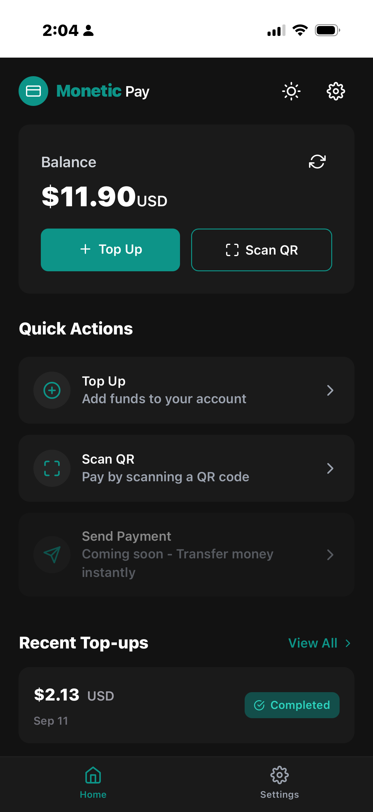 Home with balance, Top Up, Scan QR